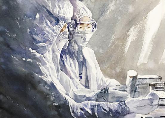 水彩画 《守一线 抗疫情》 张有财绘