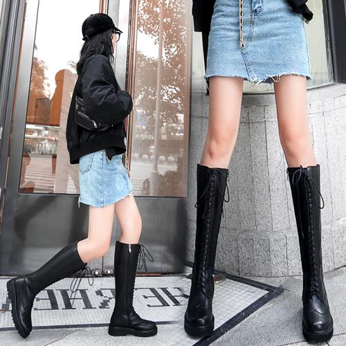 购客2019冬季新款 真皮平底高筒靴女系带马丁靴厚底不过膝长筒骑士