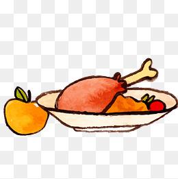 彩绘餐盘鸡腿矢量图