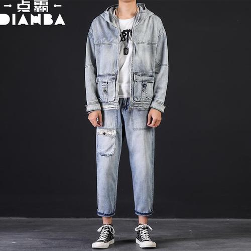 连帽牛仔外套男日系宽松工装拉链夹克潮帅气休闲服套装两件套