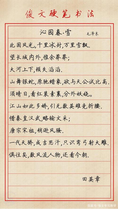 各硬笔书法大家写《沁园春·雪》,你更喜欢谁的字呢