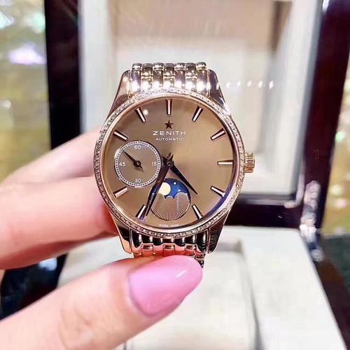 zenith 真力时18k玫瑰金镶钻机械腕表