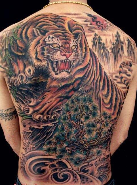 大满背的上山虎和下山虎纹身作品图案(8/9)