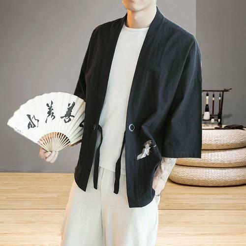 复古中国风男装夏季薄款宽松大码和风外套日系仙鹤刺绣小和服开衫