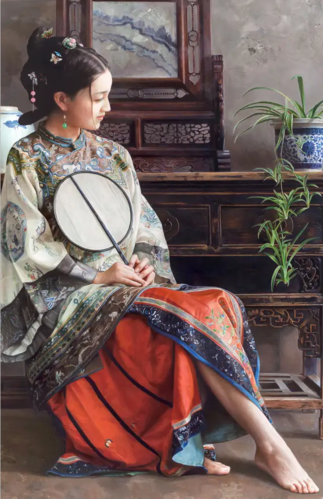 王明月笔下的中国古代女性油画,画中女性具有东方女子的含蓄之美