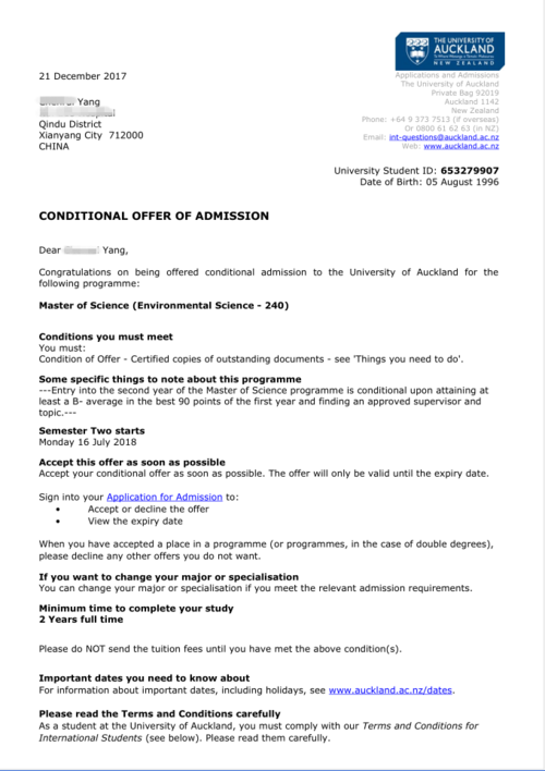 新西兰留学奥克兰大学录取成功案例