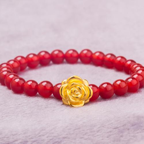 玫瑰花新品送女友礼物 足金吊坠 硬金串珠 3d 曼都珊黄金转运珠