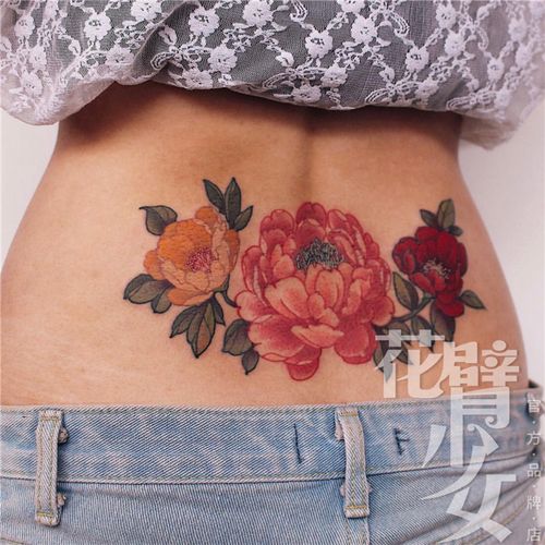 花臂少女tattoo z38 复古牡丹花花朵叶子腰部纹身贴