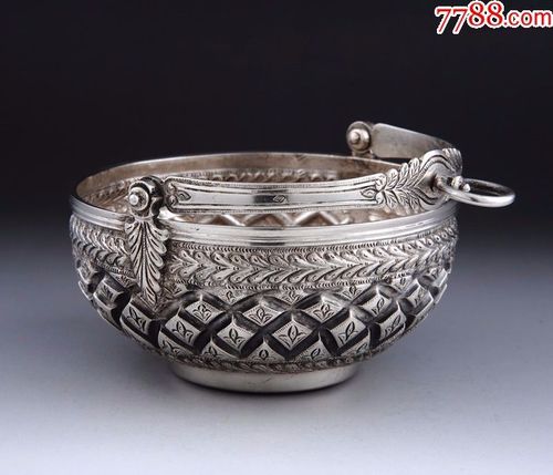 约400克法国950银浮雕花卉吊篮/吊碗全品西洋古董银器收藏