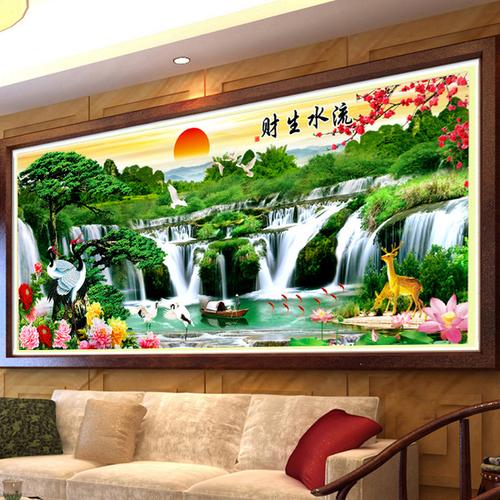 [弘皓家居旗舰店] 米风景山水画魔方满钻迎客松 2 钻石画客厅流水生财