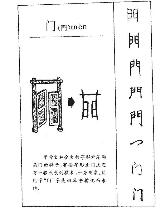 此字始见于商代甲骨文及商代金文,其古字形像两扇的大门.