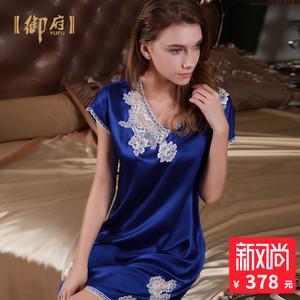 御府短袖真丝睡衣女100%桑蚕丝绸睡裙家居服简约宽松系带收腰短裙