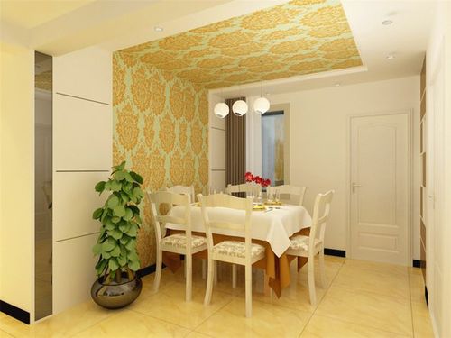 餐厅墙面以壁纸墙砖结合,壁纸为地爬墙,给人以视觉冲击,起到良好的