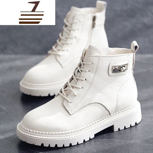 尗卡真牛皮白色马丁靴女士薄款鞋透气英伦风欧洲站小白短靴机车鞋女士