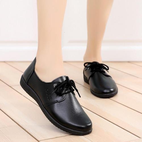 骆驼潮女皮鞋肯德基厨房工作鞋女防水防滑防油厨师鞋软底平跟黑色皮鞋