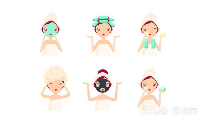 年轻妇女清洁和关心她的脸和头发集合, 面部护理, 卫生, 向量例证