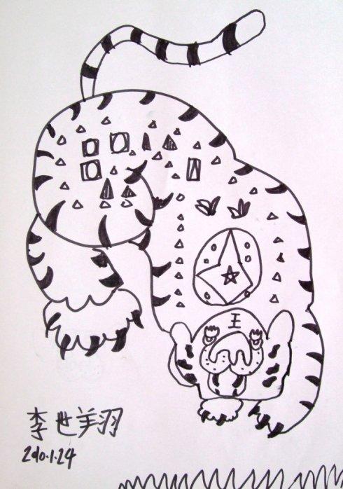 中班线描老虎7岁孩子作品