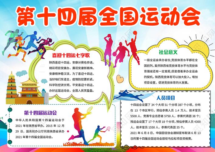 蓝色卡通第十四届全国运动会十四运小报手抄报卡通小报手抄报