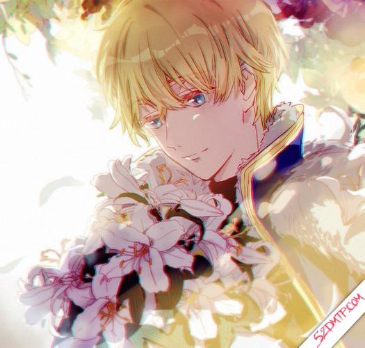 短发,蓝眼睛,金发,边缘,头发在眼睛之间,上身,向下看动漫图片