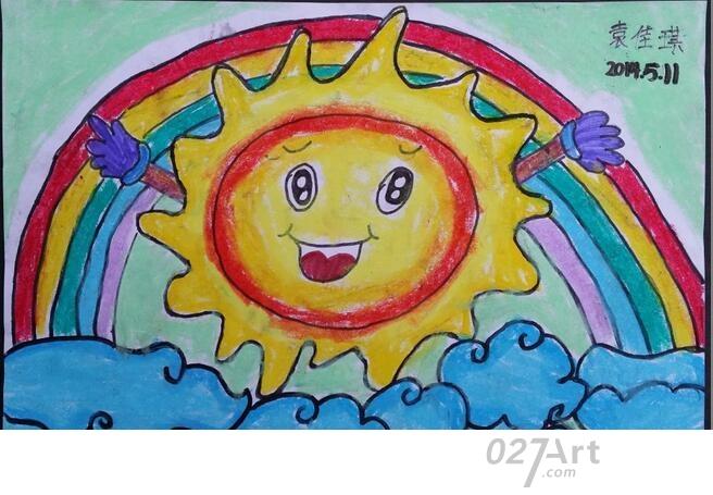 太阳和彩虹关于天空的儿童画作品分享儿童蜡笔画图片大全