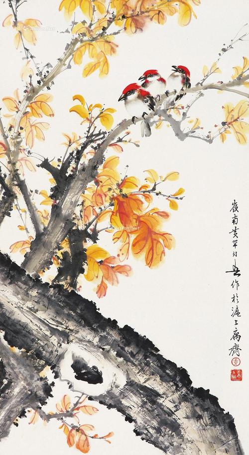 0083枫树小鸟立轴设色纸本