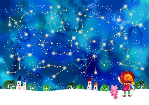 12星座卡通手绘插画蓝色背景素材