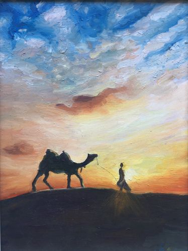 《人在沙漠空骆驼》油画2017年