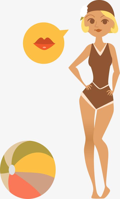 泳衣女沙滩皮球插画