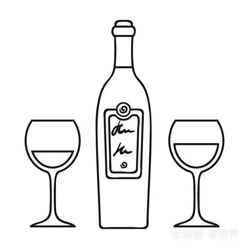 一瓶红酒配眼镜图标在白色背景上孤立的轮廓样式.餐厅,象征股票矢量图