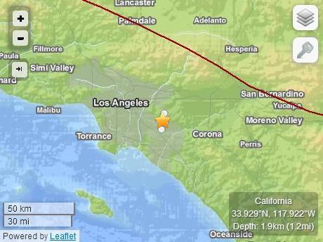 美国洛杉矶地区发生5.1级地震 震源深度1.9千米