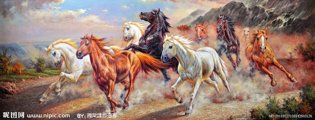 6897×2640像素格式:jpg颜色:rgb40共享分×关 键 词:奔马油画 八马图