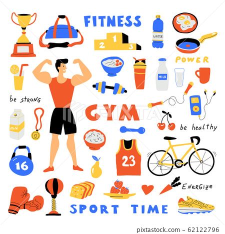 funny cartoon strong man. healthy food.