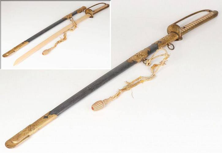 旧日本海军 明治期鲛研出鞘 両手握军刀拵え サーベル 刀绪付き 全