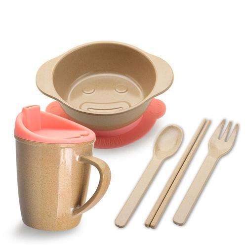 husk"sware 壳氏唯 稻壳环保儿童餐具套装 吸盘碗 水杯 筷叉勺 (粉红