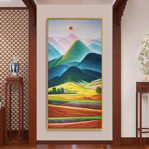 原创有巨人靠山山玄关欧式纯手绘风景油画装饰画竖版客厅挂画太阳