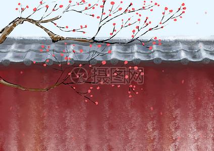 旧墙壁水墨的宫墙树木插画