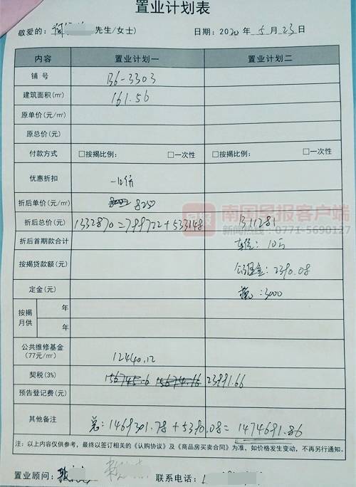 置业计划表上有关总价,合同价和不计合同价内容.