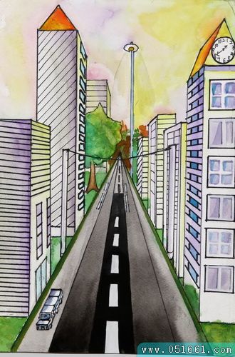 城市街道风景水彩画_儿童画的作品图片观赏