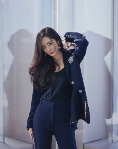 最近杨幂出席活动的时候穿了藏蓝色的西装套装,深色系的西装套装总是