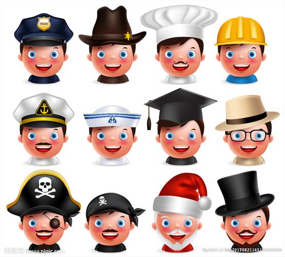 戴着不同帽子的卡通职业人物面部图片