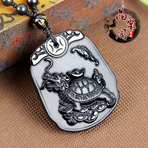 开光正品 辟邪挡煞 天然磨砂黑曜石龙龟吊坠挂件 玄武神兽