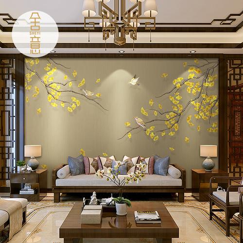 一折中式壁纸画_现代中式电视背景墙壁纸银杏叶花鸟无缝壁画客厅卧室