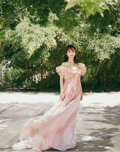 杨紫一字领礼服大秀天鹅颈,但厚重纱裙拖了后腿