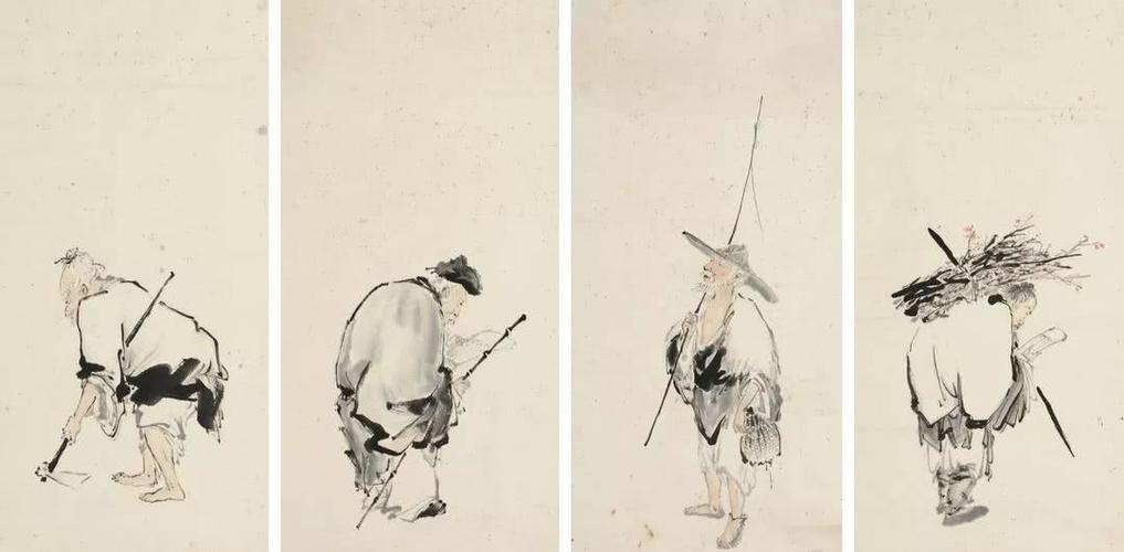 《渔樵耕读》67cm×32cm×4  纸本设色