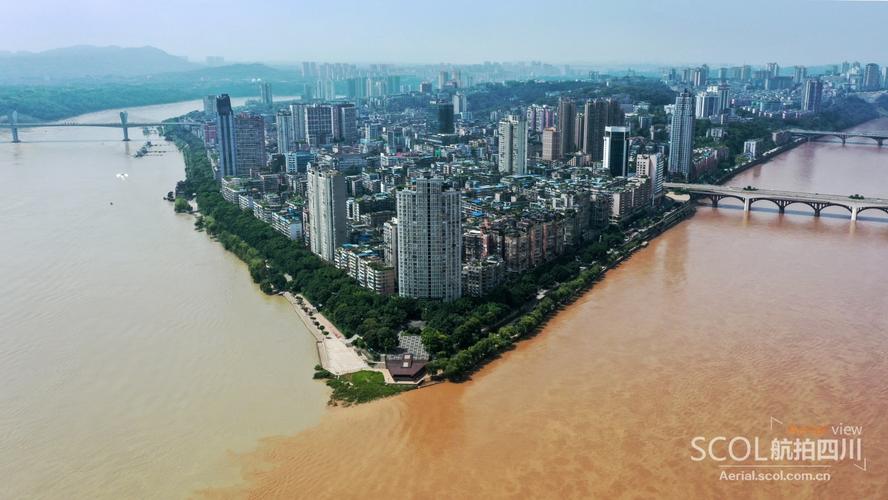 洪水过境泸州,管驿嘴两江汇合处现"鸳鸯锅"景象
