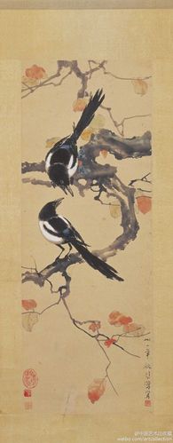 国画#【 徐悲鸿 《双鹊秋艳图》 】轴.