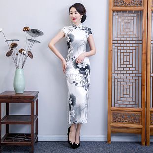 花虹梅长款旗袍 改良时尚旗袍裙 短袖旗袍 复古旗袍水墨画旗袍