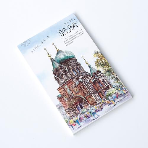 手绘中国城市明信片 哈尔滨风景点标志性建筑创意书境