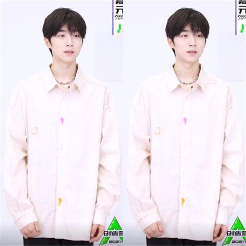 创造营2021张嘉元图片,唯美图片2021新图片 创造营2021张嘉元同款米色衬衫印花单排扣长袖小众简约百搭男女款【1