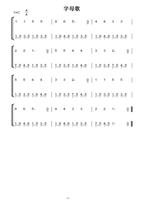 字母歌(民歌)儿童版 钢琴双手简谱 钢琴谱 钢琴简谱
